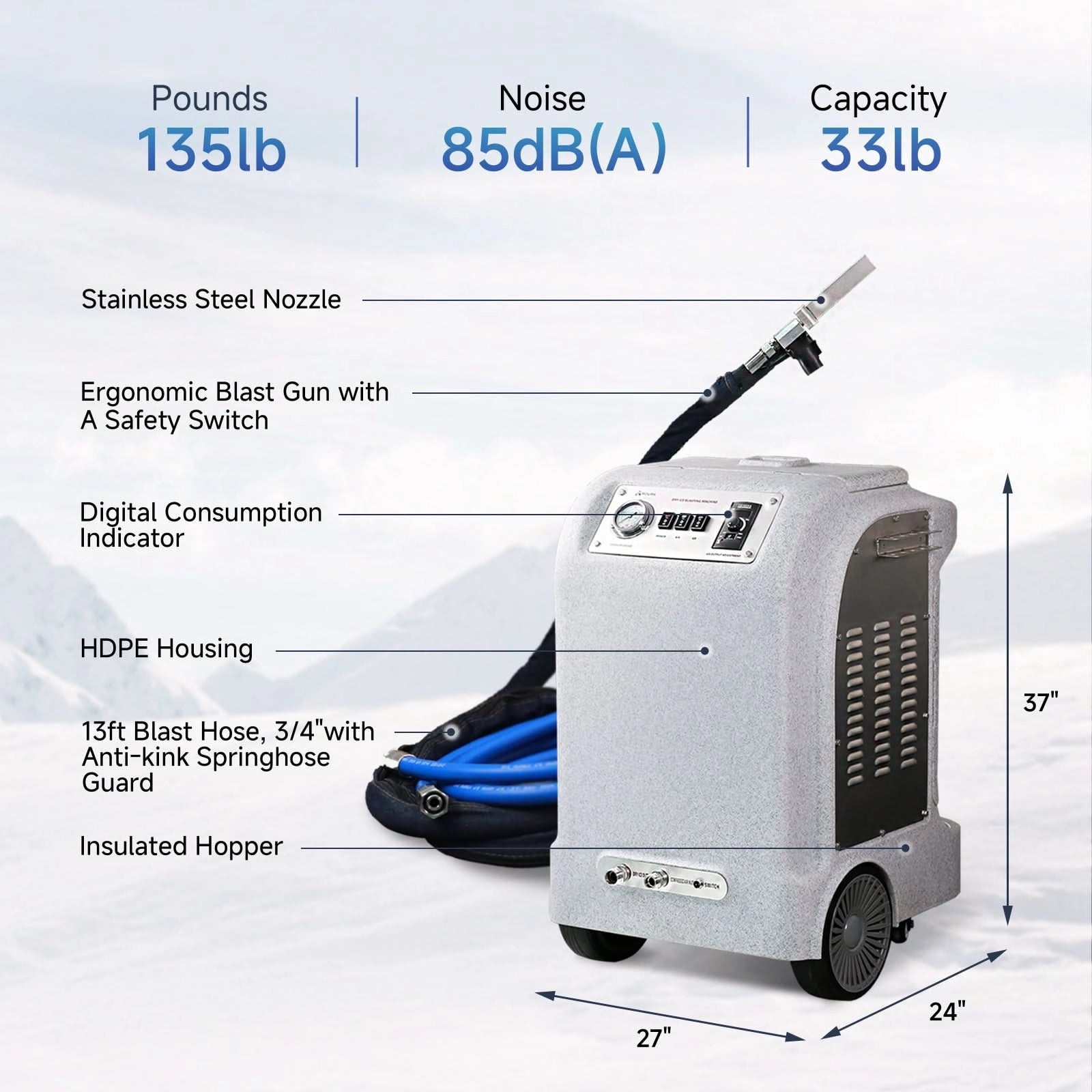 Industrial-grade dry ice blasting machine for delicate equipment cleaning